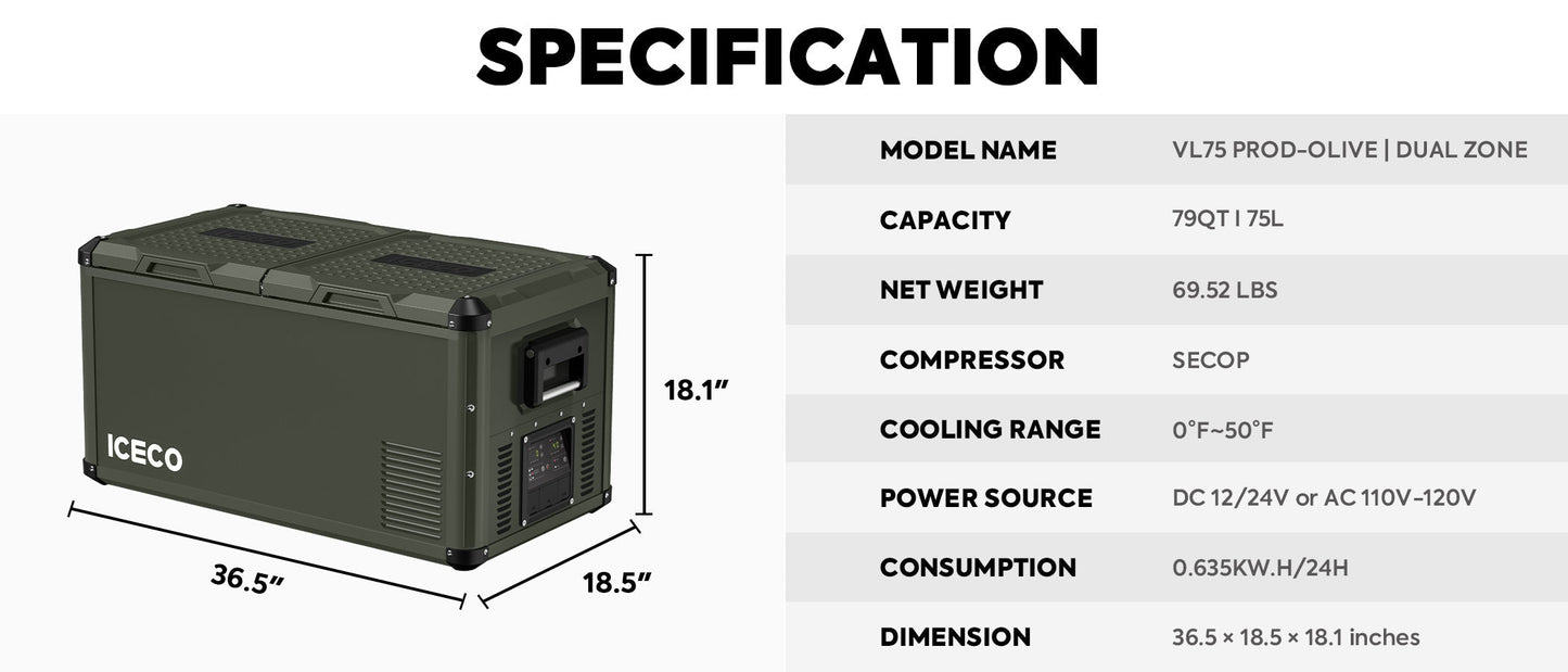 VL75ProD Olive 12V Heavy Duty Fridge Freezer