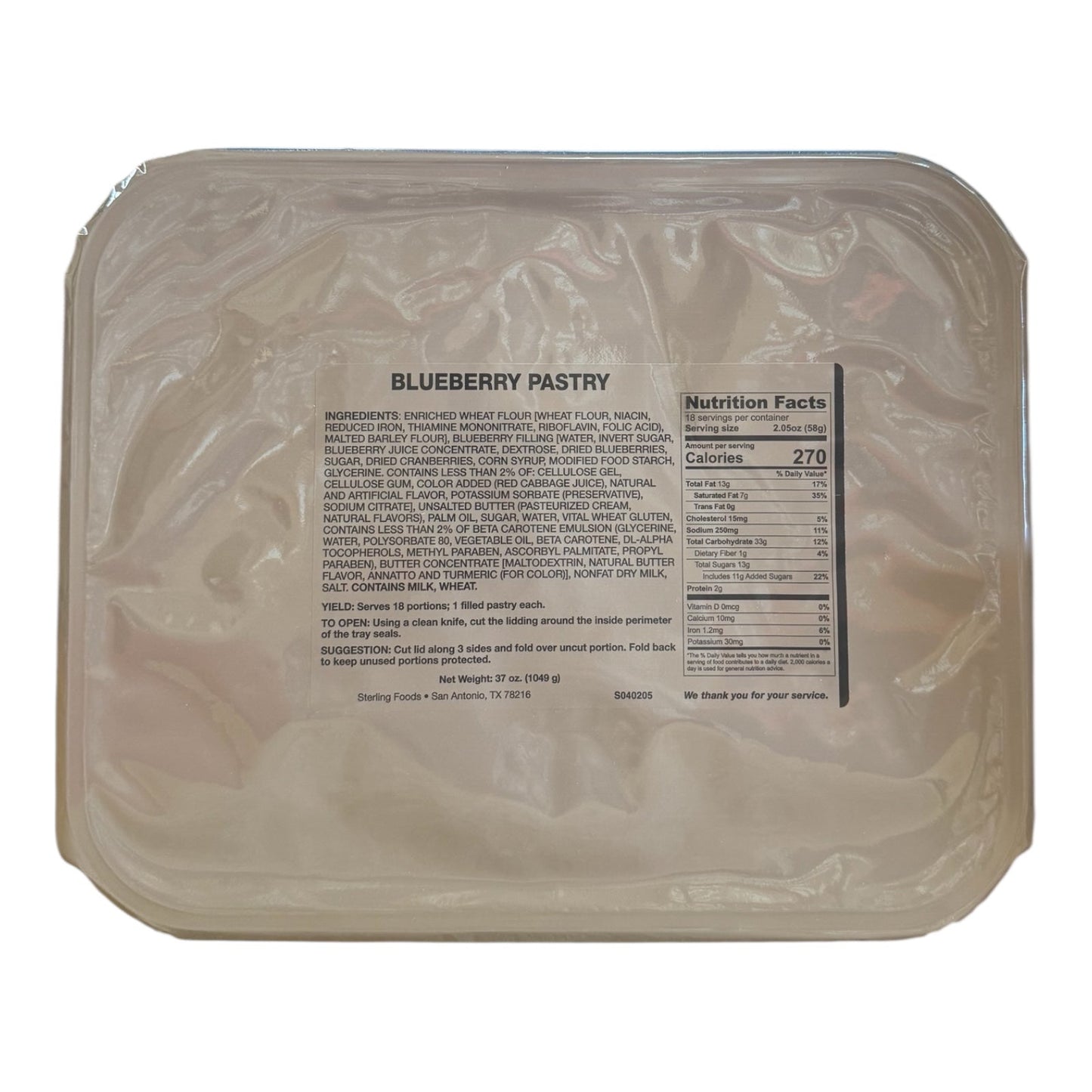 Military MRE Tray Pack, Blueberry Pastry, Ready to Eat