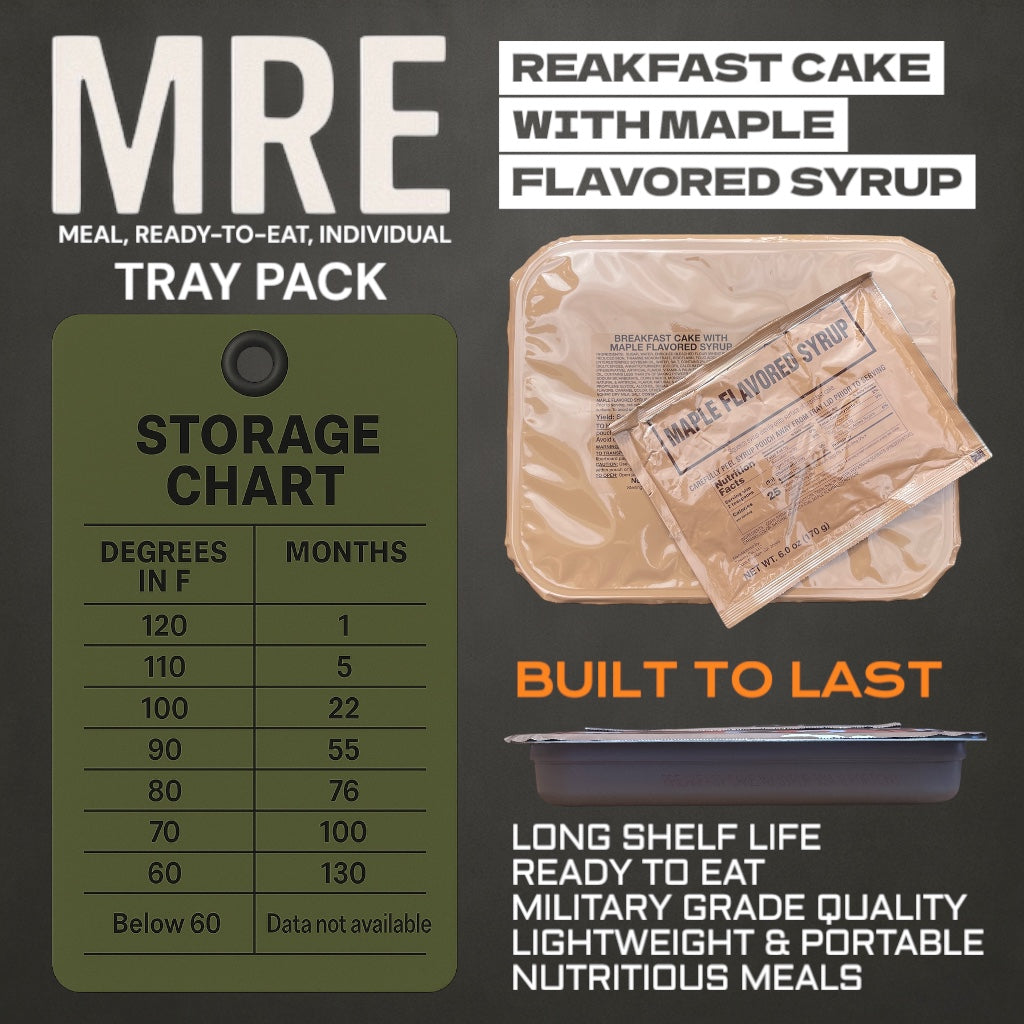 Military MRE Tray Pack, Breakfast Cake with Maple Syrup, Ready to Eat