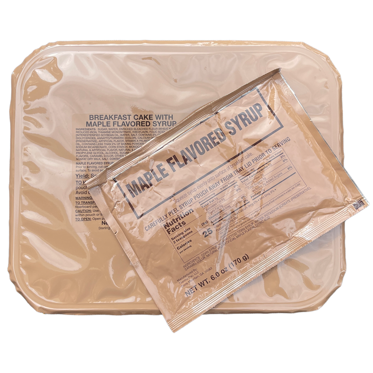 Military MRE Tray Pack, Breakfast Cake with Maple Syrup, Ready to Eat